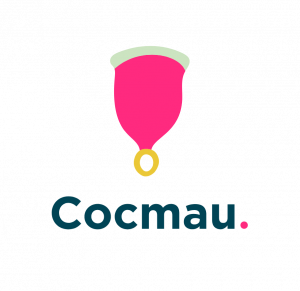 Cocmau logo with illustrated menstrual cup and dark green brand name